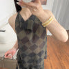 British Style Elegant Commute Look Drapey Plaid Sleeveless Top with Diamond Pattern Neckline