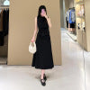 Slim fit boat neck pleated texture vest black midi skirt spring/summer women's suit