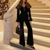 Retro black sexy V-neck slim fit top flared pants elegant set for women