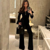Retro black sexy V-neck slim fit top flared pants elegant set for women