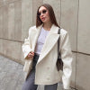 Vintage Preppy Style Beige Wool Blazer for Women, Notch Lapel, Mid-Length, Loose Fit, Double-Breasted Suit